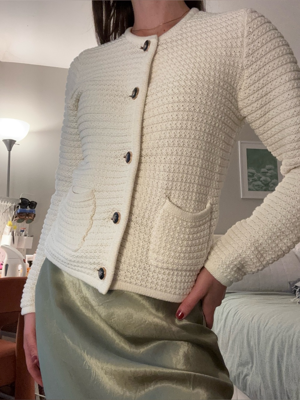 Simons Cream Textured Knit Button-Front Jacket